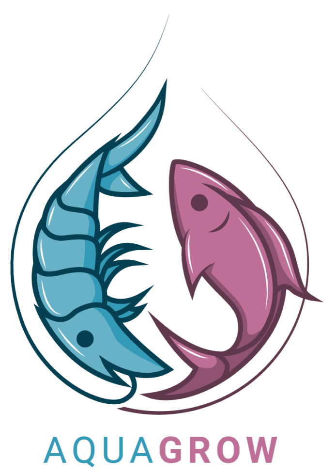 Aquagrow logo featuring a fish and a shrimp in a drop shape